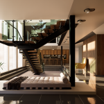 Explore a stylish modern interior featuring a floating staircase and cozy atmosphere.