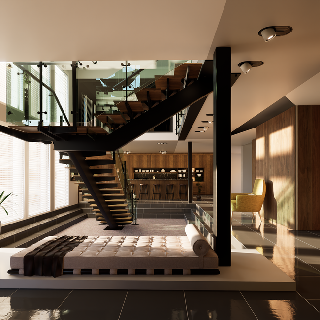 Explore a stylish modern interior featuring a floating staircase and cozy atmosphere.